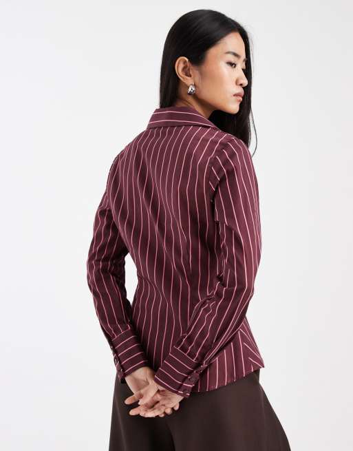 Miss Selfridge – Lila, kritstrecksrandig, figursydd skjorta i poplin, 2 av 4