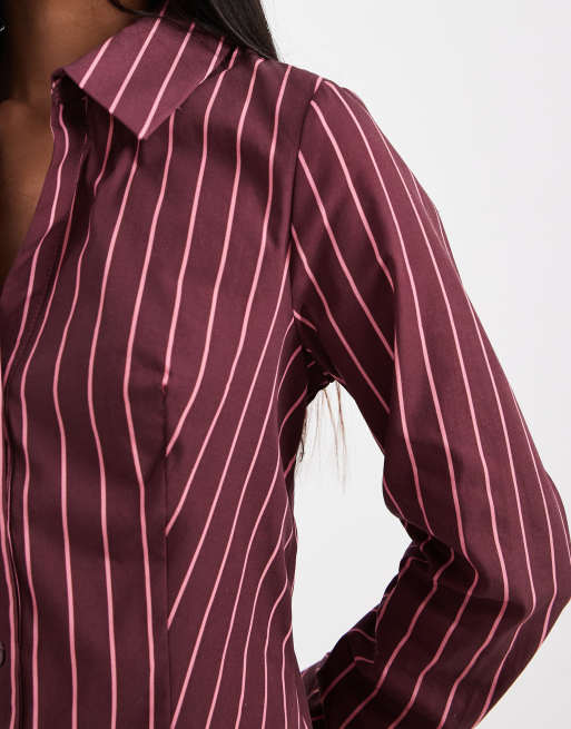 Miss Selfridge – Lila, kritstrecksrandig, figursydd skjorta i poplin, 4 av 4