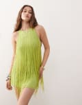 [Miss Selfridge] Miss Selfridge lime green halter mini dress with fringing 14 Green