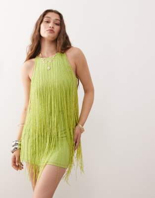 Miss Selfridge lime green halter mini dress with fringing