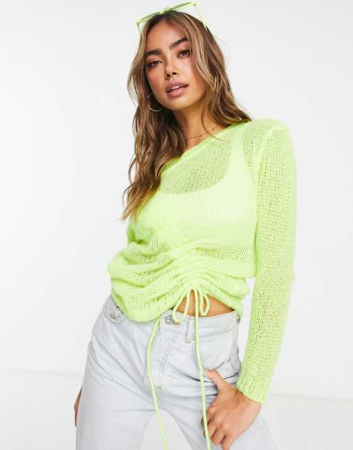 Miss Selfridge - Limegrøn trøje i åben strik med rynket punkdesign , 4 af 4