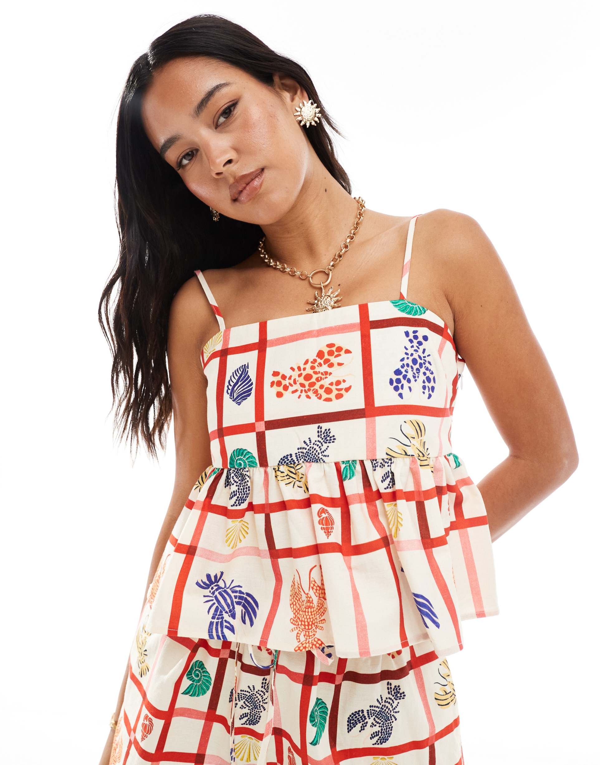 miss selfridge linen baby doll cami top in lobster print