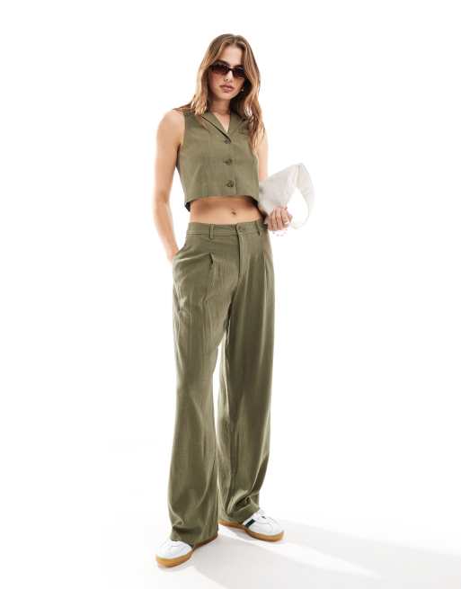 Miss Selfridge linen blend button up vest in khaki