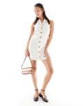 [Miss Selfridge] Miss Selfridge linen blend collared halter mini dress in stone-Neutral 14 Stone
