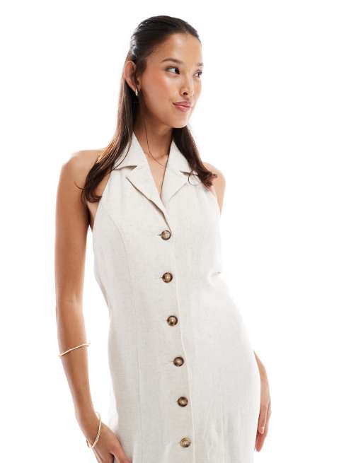 Miss Selfridge linen blend collared halter mini dress in stone, 3 of 4