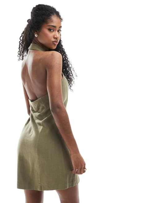 Miss Selfridge linen blend collared halter mini dress khaki