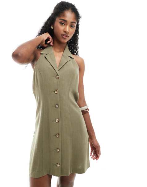 Miss Selfridge linen blend collared halter mini dress khaki - view 1