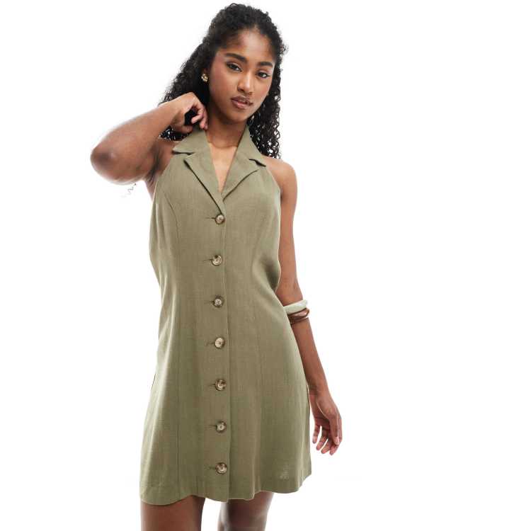 Miss Selfridge linen blend collared halter mini dress khaki | ASOS