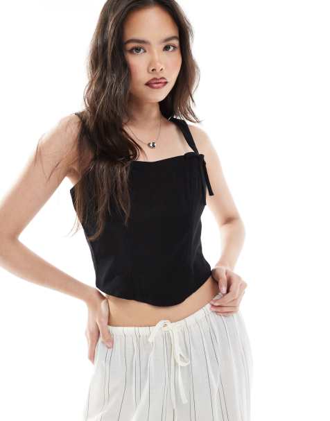 Miss Selfridge linen blend corset top with bow detail in black - view 1