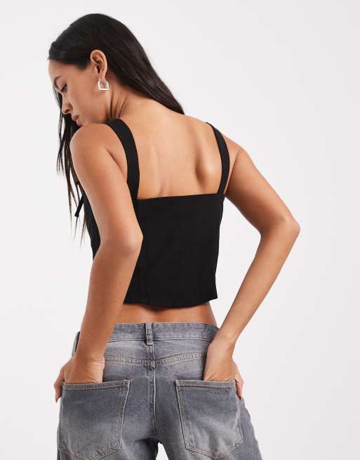 Miss Selfridge linen-blend corset top with bow detail in black, 4 of 4