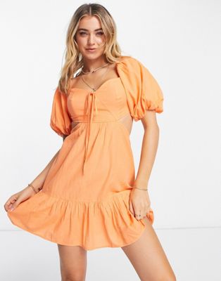 Miss Selfridge linen blend cut out mini tea dress in orange  | ASOS