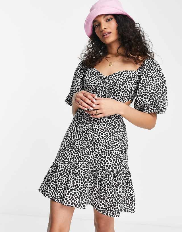 Miss Selfridge linen blend cut out mini tea dress in polka dot