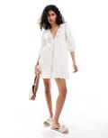 [Miss Selfridge] Miss Selfridge linen blend cutwork lace insert smock dress in ivory-White 10 Ivory