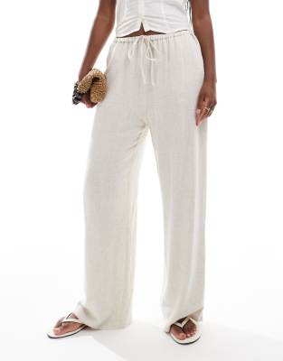 linen blend drawstring waist wide leg pants in stone-Neutral