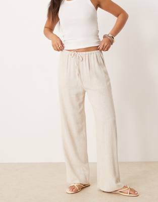linen blend drawstring waist wide leg pants in stone-Neutral