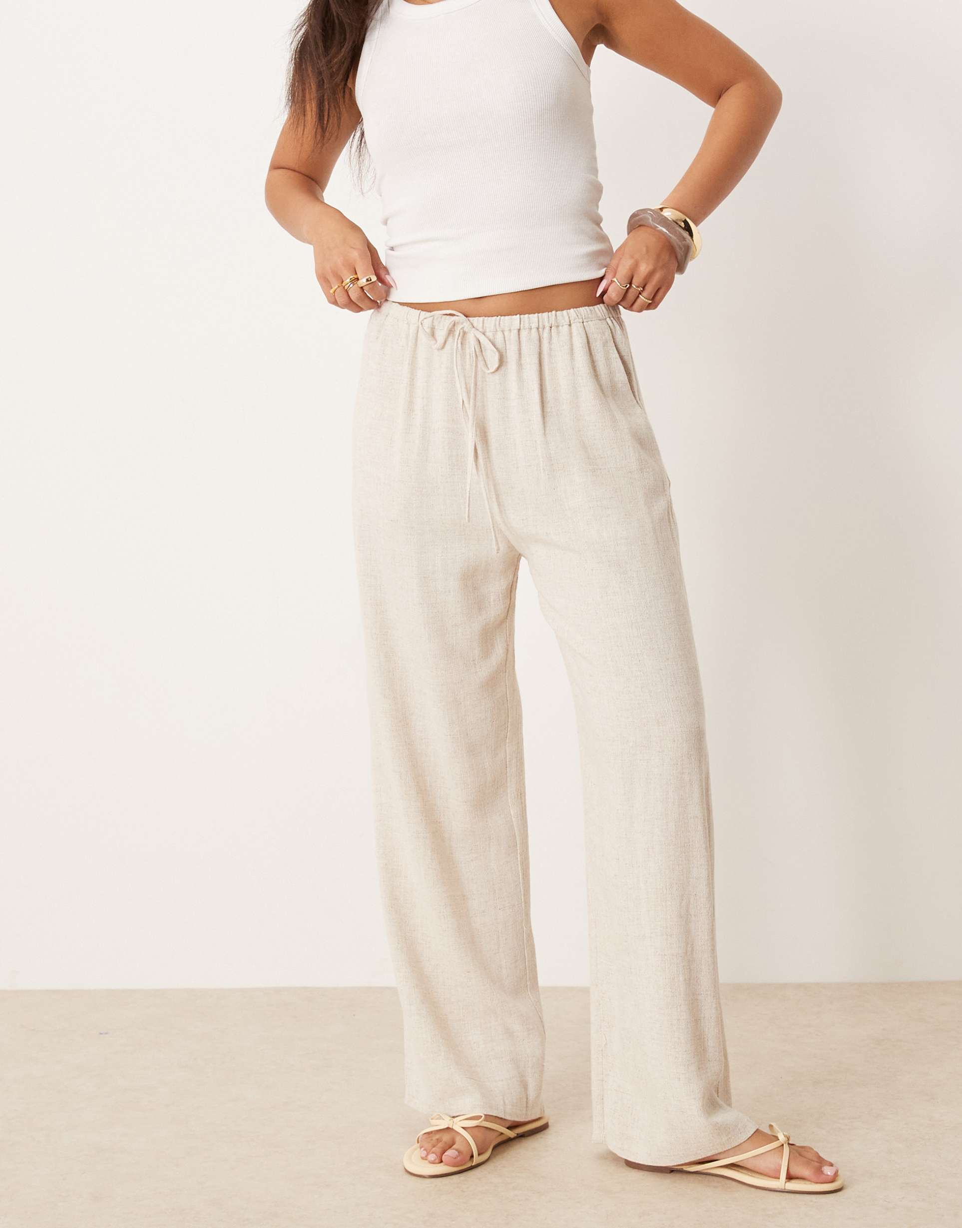 miss selfridge linen blend drawstring waist wide leg pants in stone