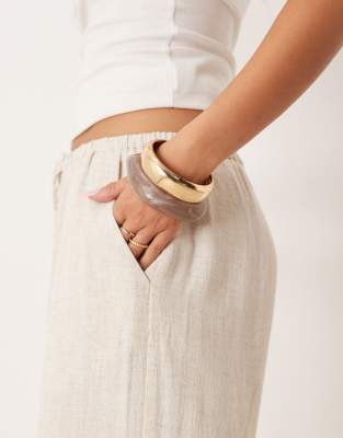 Miss Selfridge linen blend drawstring waist wide leg pants in stone