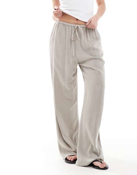 Miss Selfridge linen blend drawstring waist wide leg pants in taupe - view 1