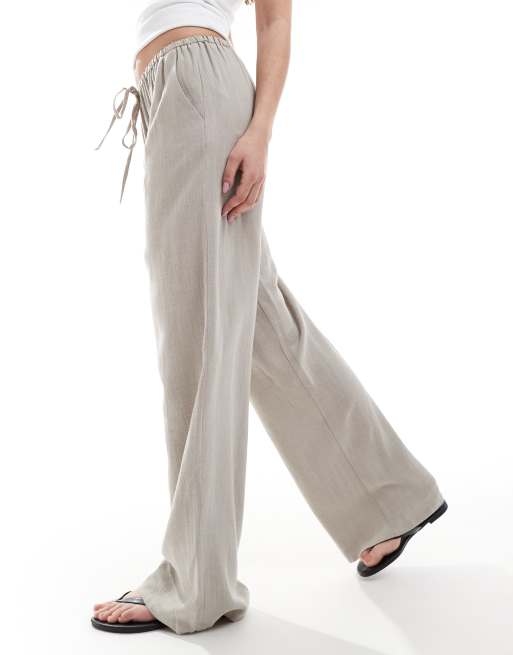 Miss Selfridge linen blend drawstring waist wide leg pants in taupe, 3 of 5