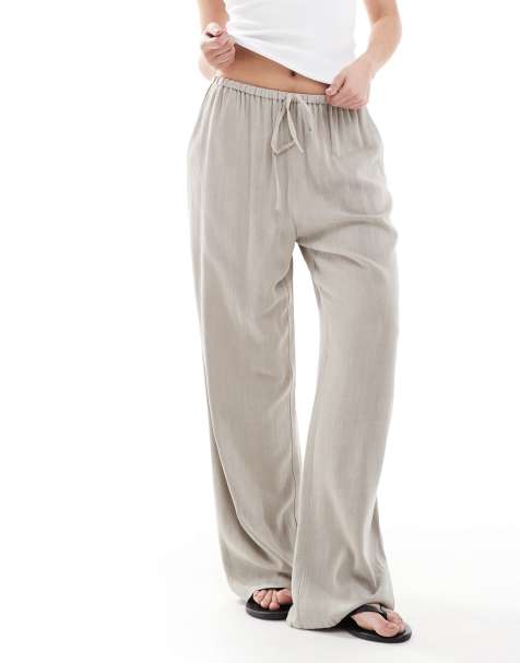 Miss Selfridge linen blend drawstring waist wide leg trousers in taupe - view 1
