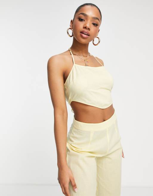 Miss Selfridge linen blend halter crop top co-ord in lemon