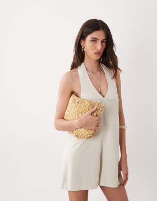 Miss Selfridge Linen Blend Halter Neck Romper In White