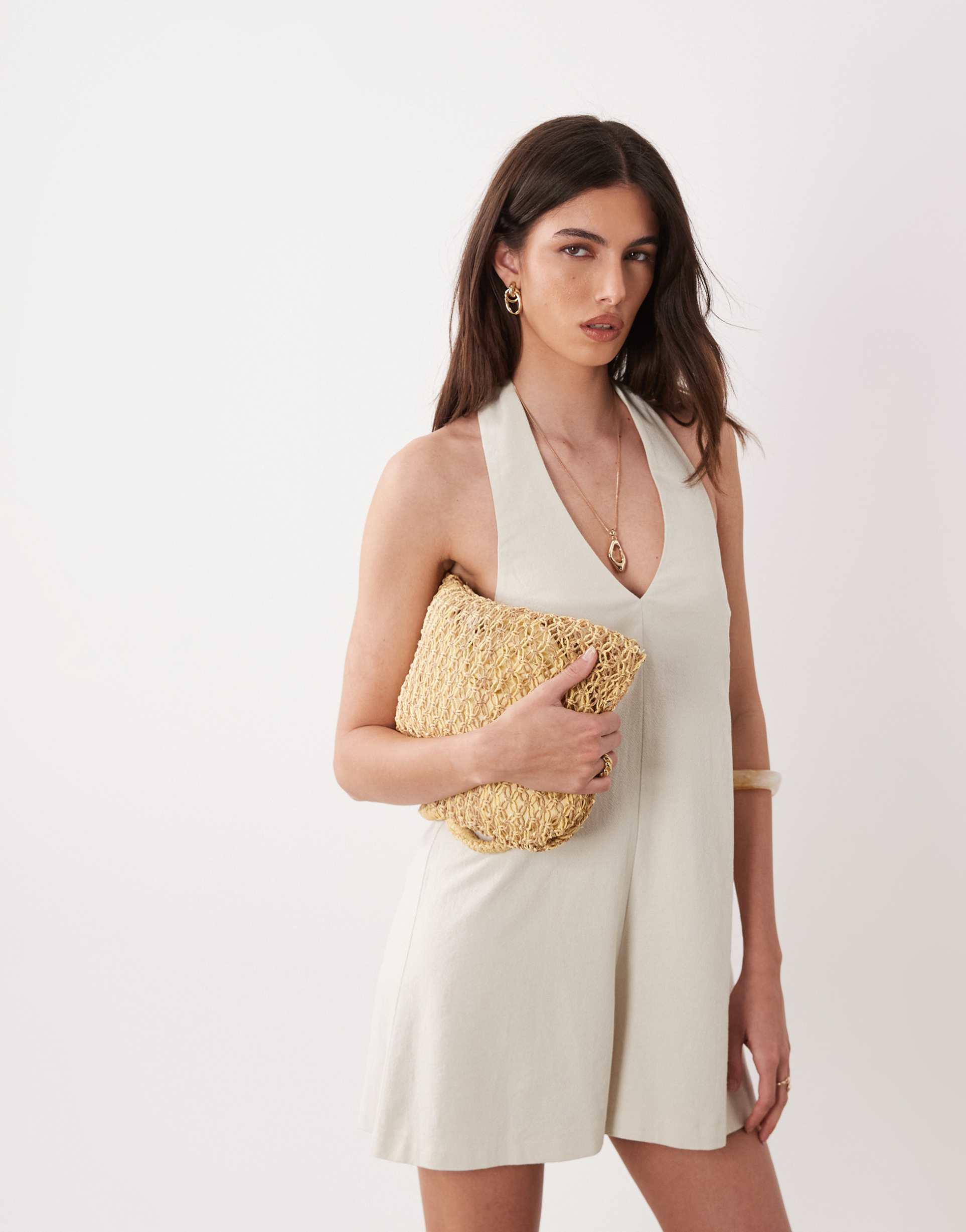 miss selfridge linen blend halter neck romper in stone