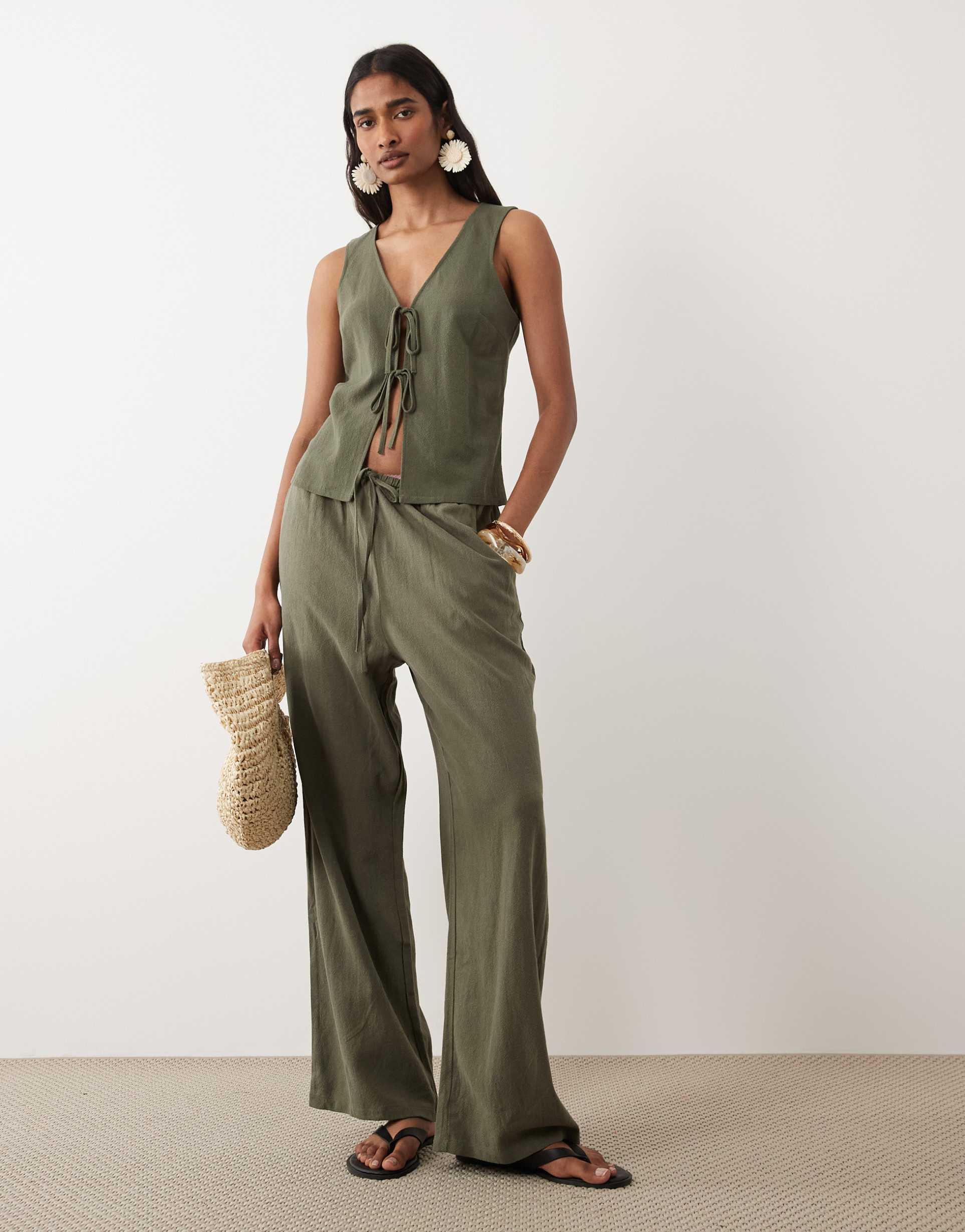 miss selfridge linen blend pull on pants in olive