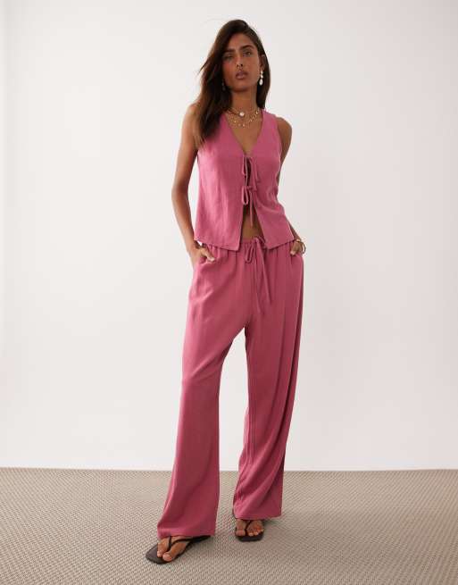 Miss Selfridge linen blend pull on pants in raspberry | ASOS