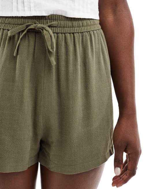 【INCHANT ME】Linen Selvige Half-length Shorts Miss Selfridge linen blend pull on shorts in khaki | ASOS