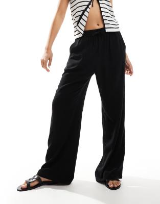 linen blend pull on wide leg pants in black