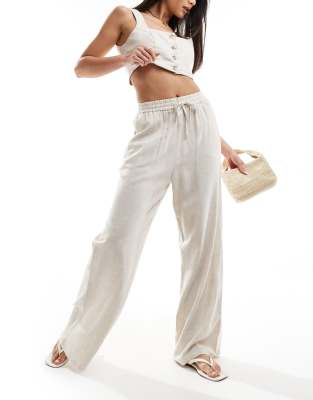 linen blend pull on wide leg pants in natural slub-Neutral