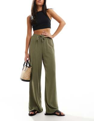 linen blend pull on wide leg pants in olive-Green