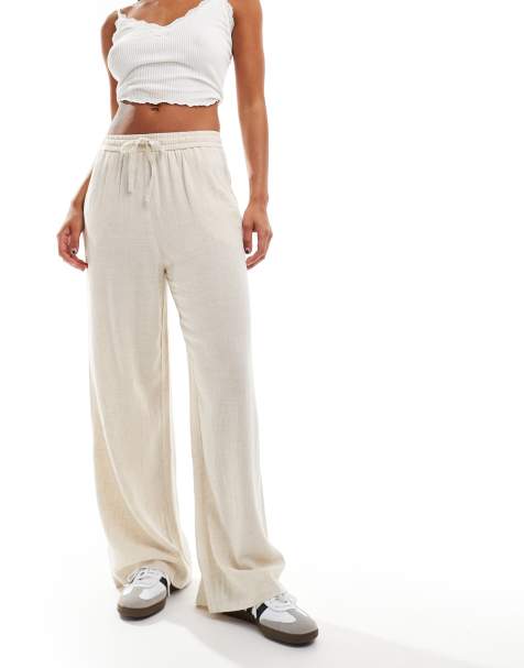 Miss Selfridge linen blend pull on wide leg trouser in natural slub - view 1