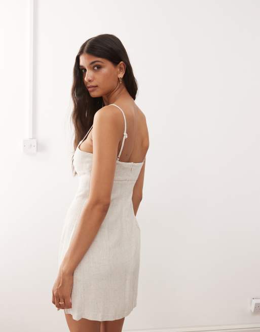 Miss Selfridge linen blend split hem cami dress in stone, 3 of 4