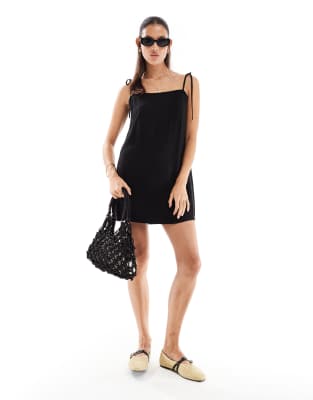 [Miss Selfridge] Miss Selfridge linen blend swing mini dress with tie straps in black 18 Black