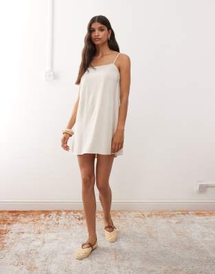 [Miss Selfridge] Miss Selfridge linen blend swing mini dress with tie straps in stone-Neutral 18 Stone