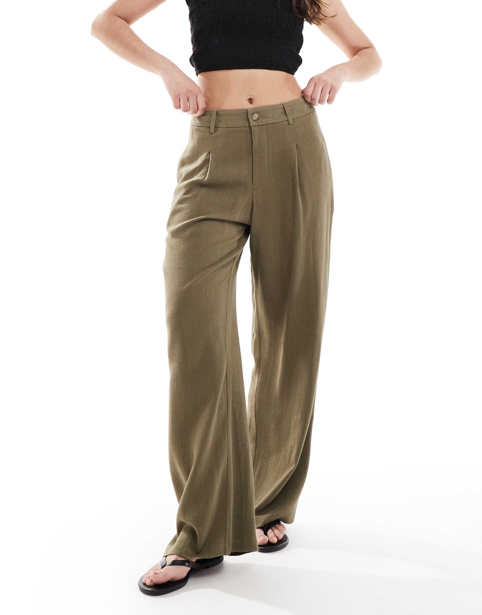 miss selfridge linen blend tailored wide leg pants in khaki