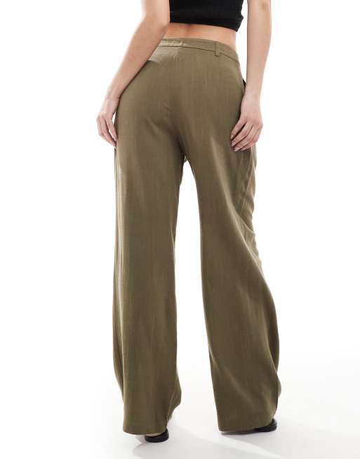 Miss Selfridge linen blend tailored wide leg pants in khaki, 2 of 5