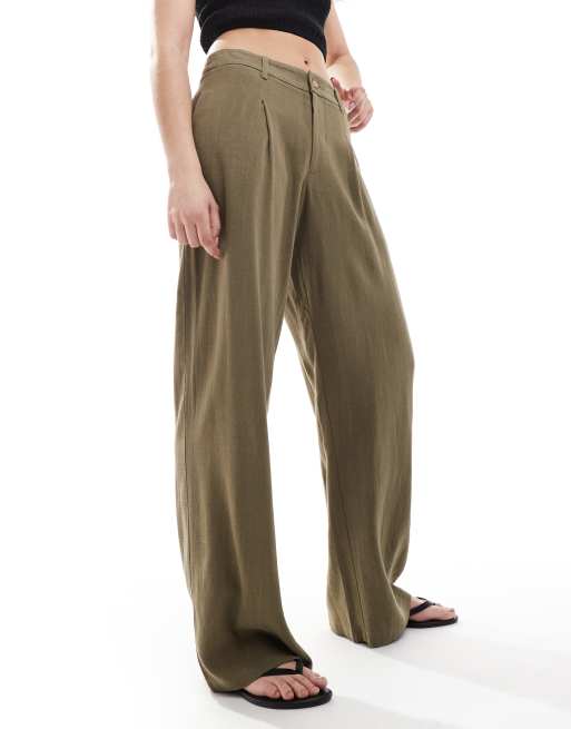 Miss Selfridge linen blend tailored wide leg pants in khaki, 3 of 5