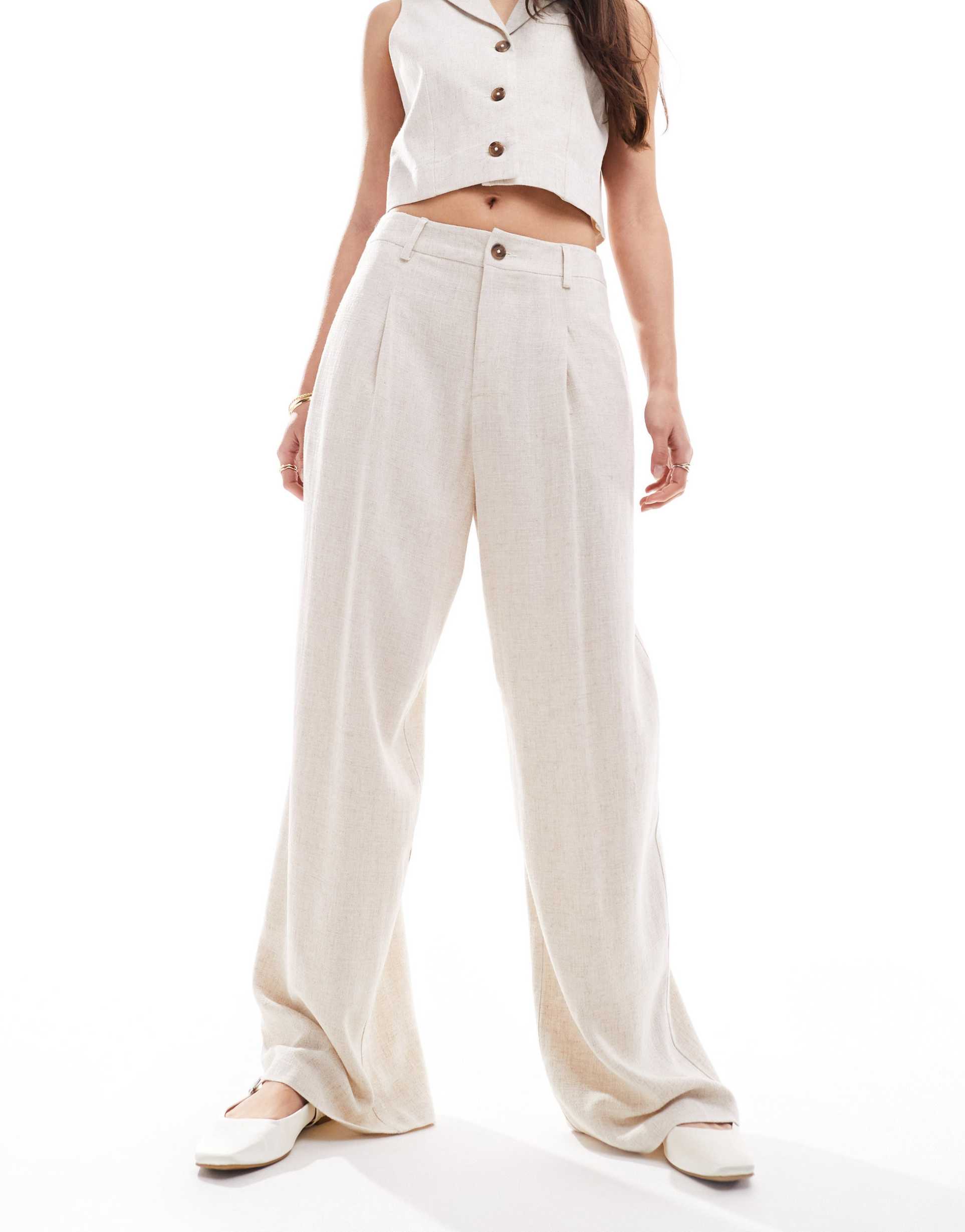 miss selfridge linen blend tailored wide leg pants in natural slub