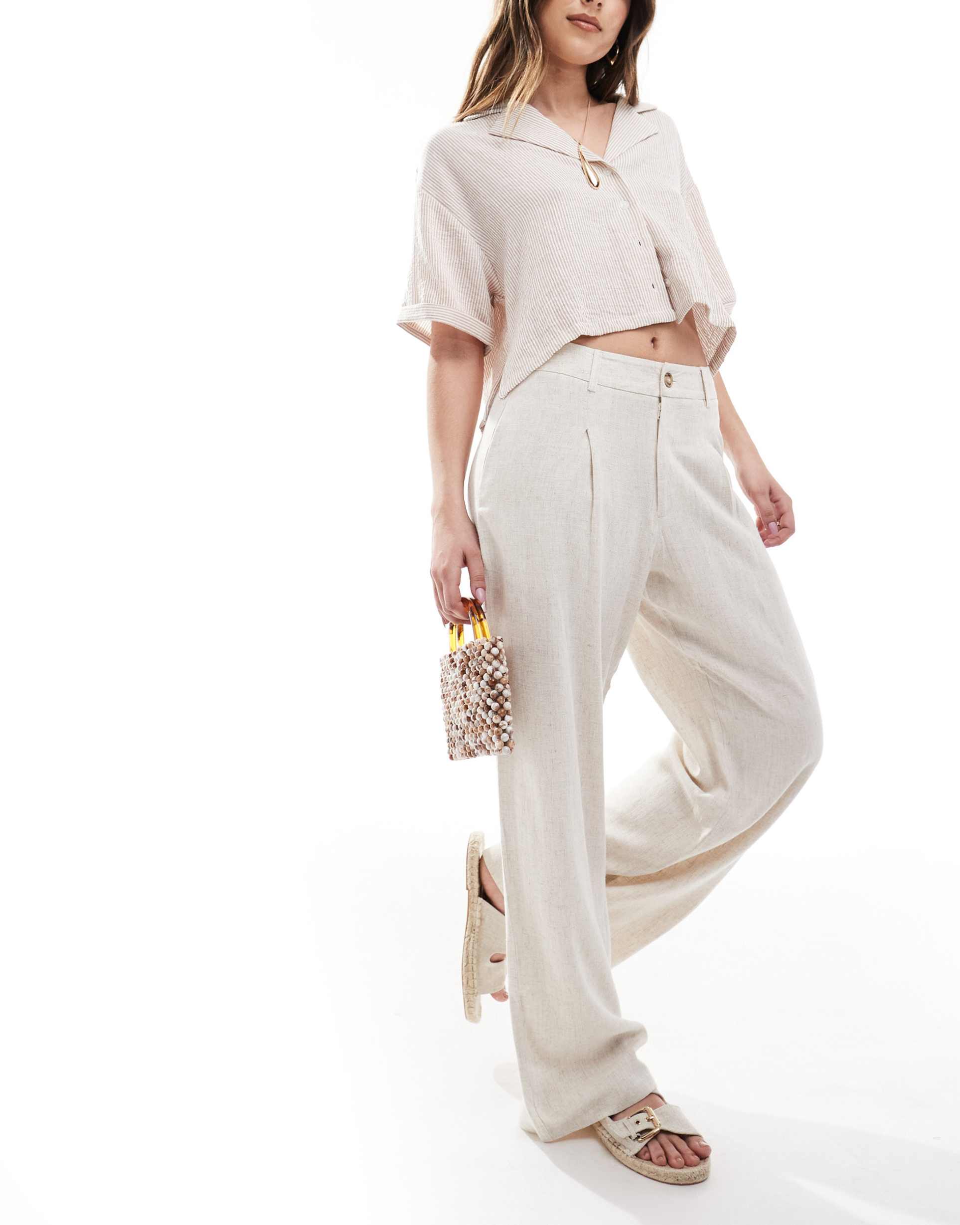 miss selfridge linen blend tailored wide leg pants in stone
