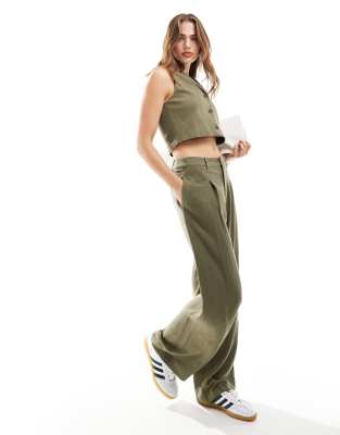 Miss Selfridge linen blend tailored wide leg trouser in khaki-Green