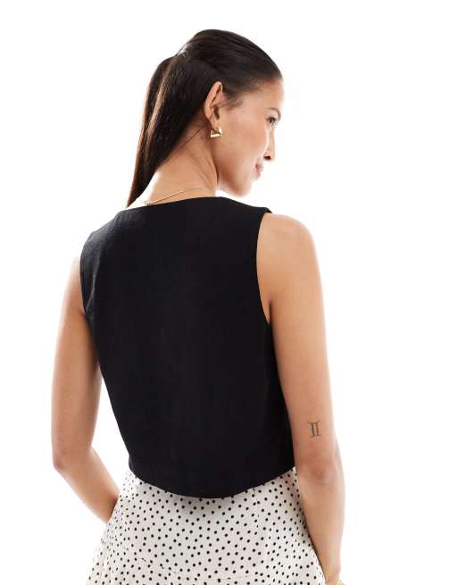 Miss Selfridge linen blend tie front vest in black, 2 of 4