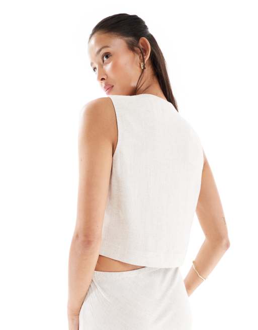 Miss Selfridge linen blend tie front vest in stone, 2 of 4