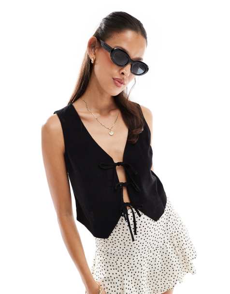 Miss Selfridge linen blend tie front waistcoat in black - view 1