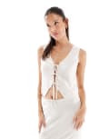 [Miss Selfridge] Miss Selfridge linen blend tie front waistcoat in stone-Neutral 18 Stone
