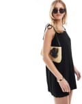 [Miss Selfridge] Miss Selfridge linen blend tie shoulder playsuit in black 16 Black