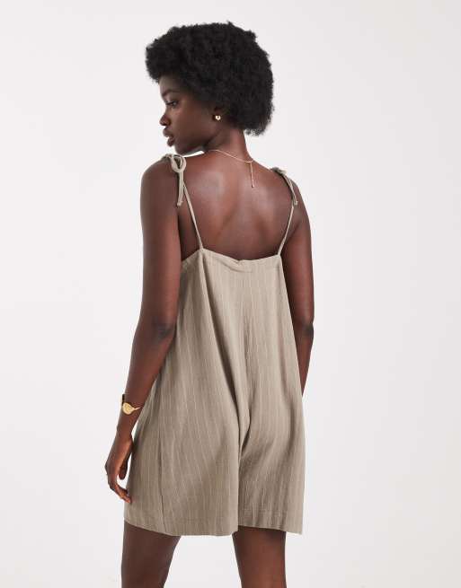 Miss Selfridge linen blend tie shoulder romper in khaki pinstripe, 2 of 4