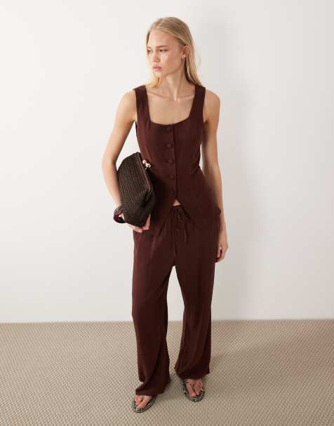 Miss Selfridge linen-blend waistcoat in chocolate - view 1